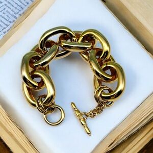 Vintage 90s Signed KJL Kenneth Jay Lane Gold Tone Large Link Toggle Bracelet 8”